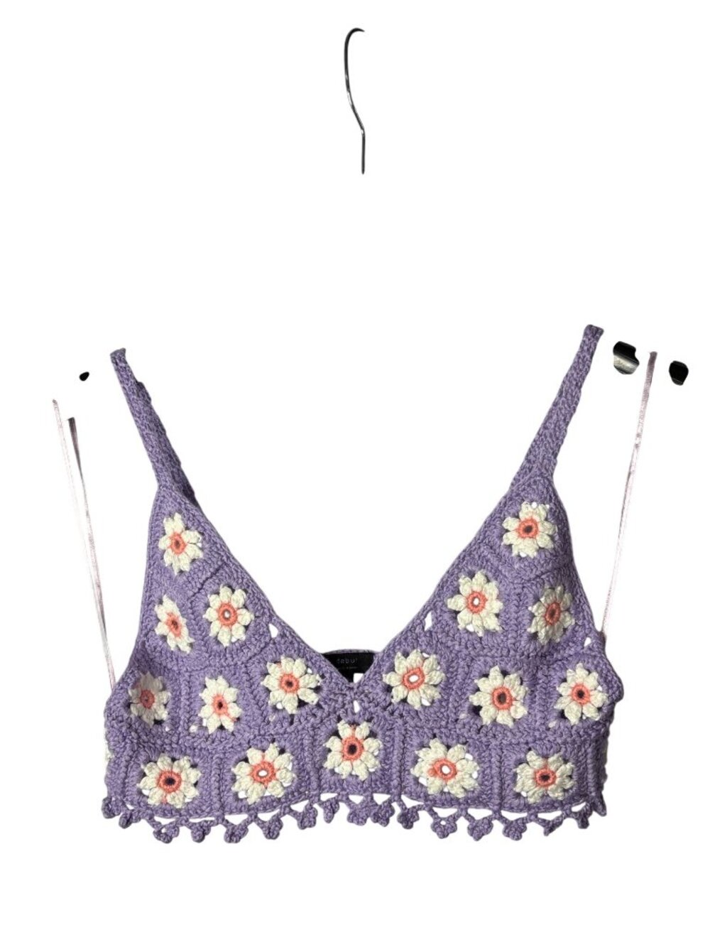 Debut Womens Crop Top Size S/M Floral Crochet Granny Square Purple White Peach